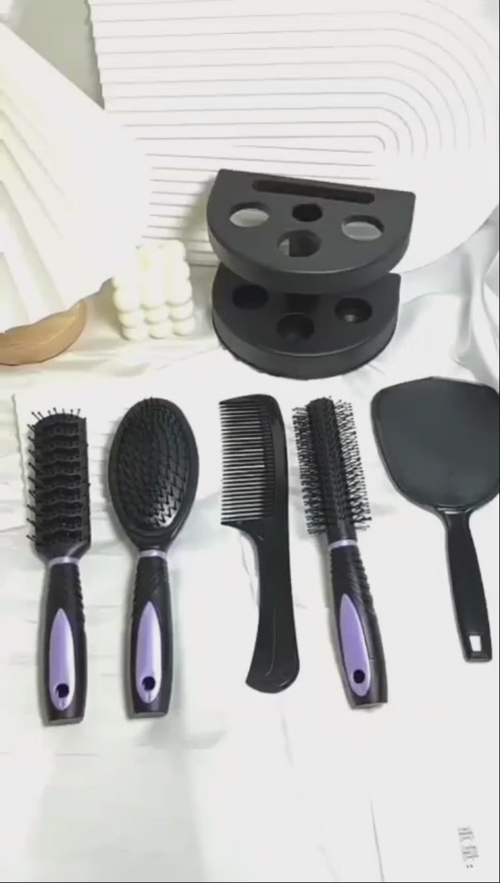 5-Piece Hair Brush Set with Mirror & Storage Stand