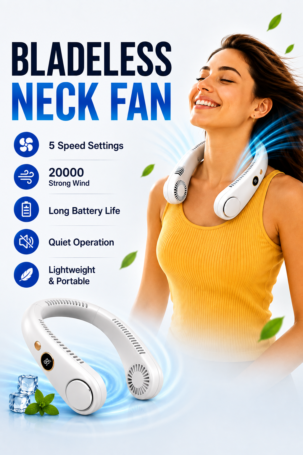 Rechargeable Bladeless Neck Fan 5-Speed Portable Cooling Fan