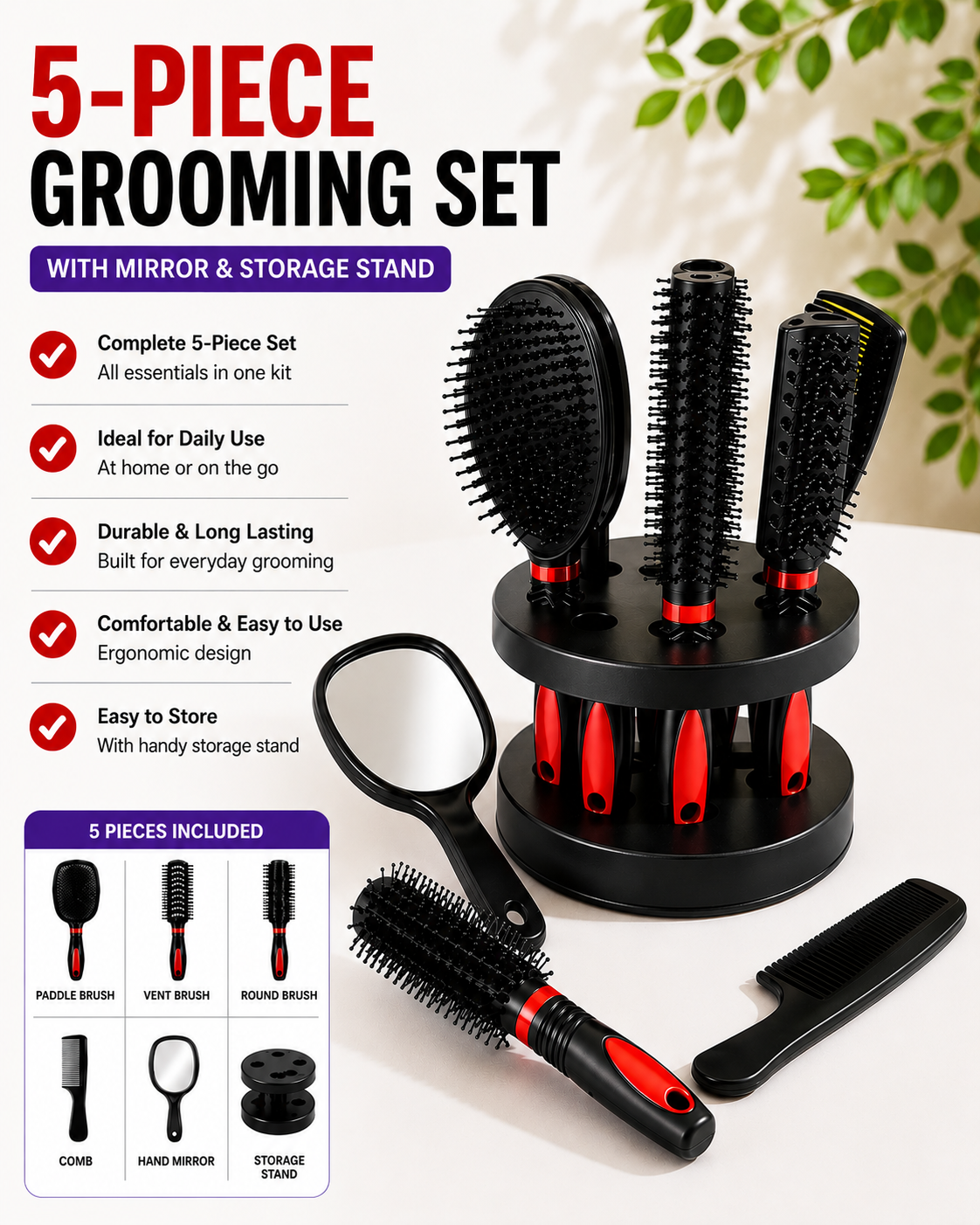 5-Piece Hair Brush Set with Mirror & Storage Stand