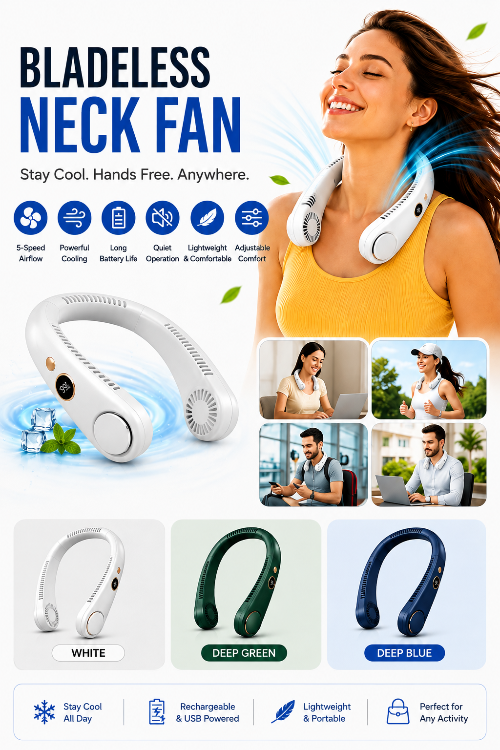 Rechargeable Bladeless Neck Fan 5-Speed Portable Cooling Fan