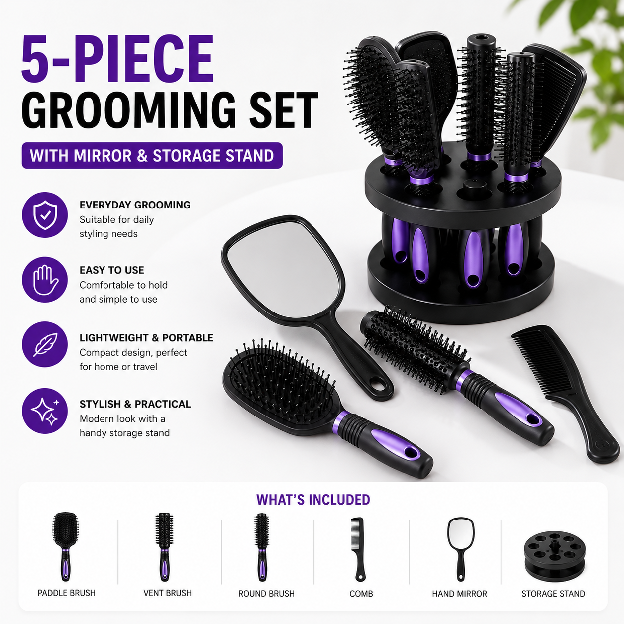 5-Piece Hair Brush Set with Mirror & Storage Stand
