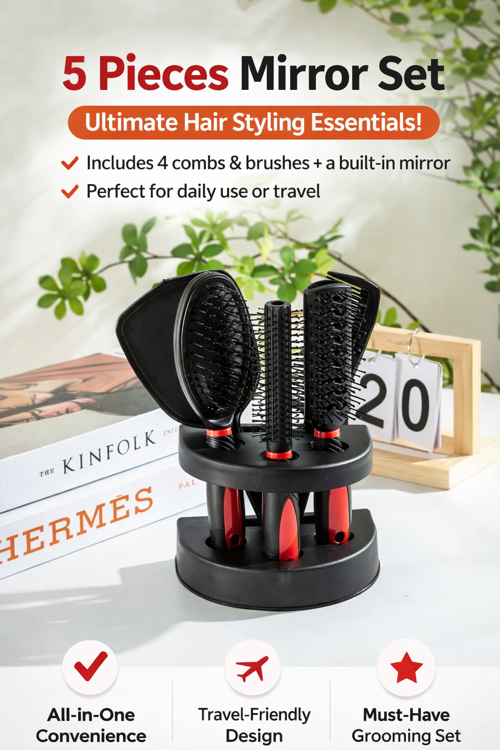 5-Piece Hair Brush Set with Mirror & Storage Stand