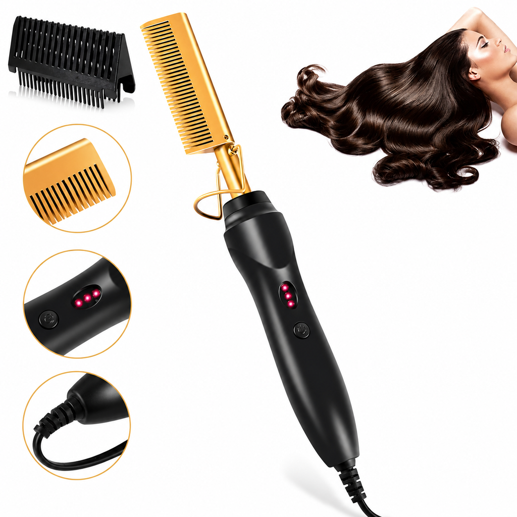 Gold Ceramic Professional Hot Comb Hair Straightener Fast Heat-Up Electric Press Comb