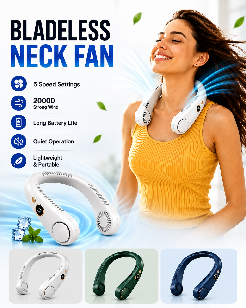 Rechargeable Bladeless Neck Fan 5-Speed Portable Cooling Fan