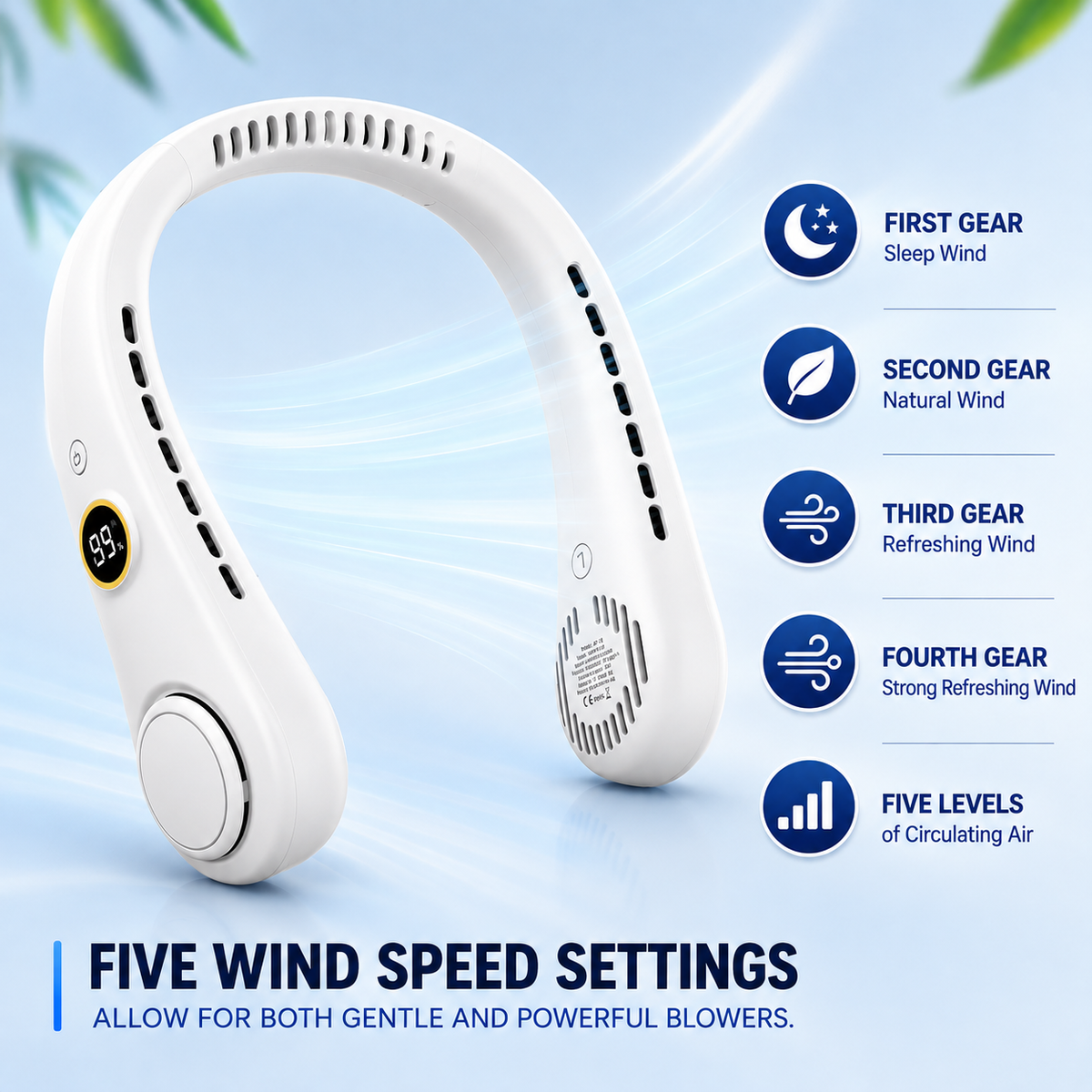 Rechargeable Bladeless Neck Fan 5-Speed Portable Cooling Fan