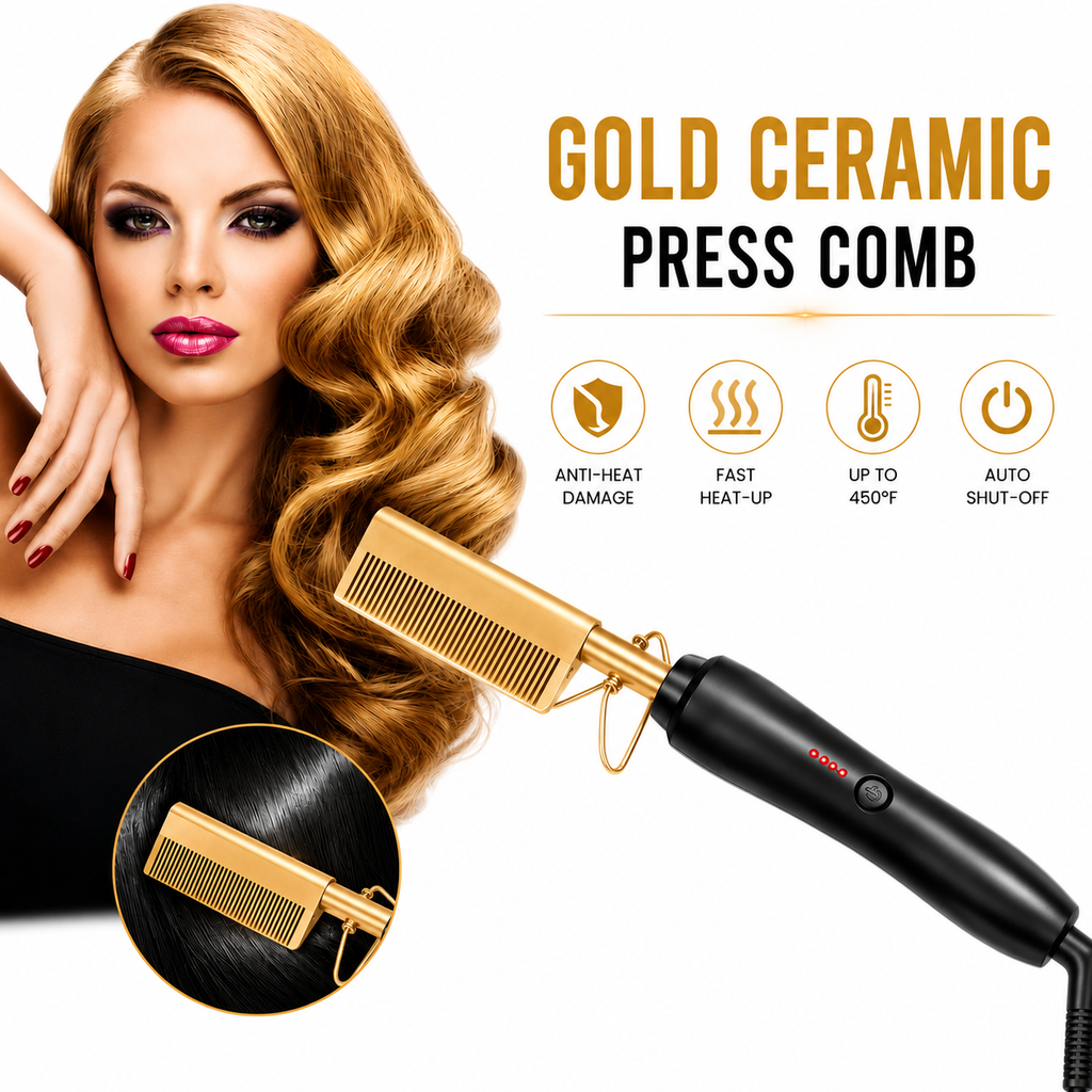 Gold Ceramic Professional Hot Comb Hair Straightener Fast Heat-Up Electric Press Comb
