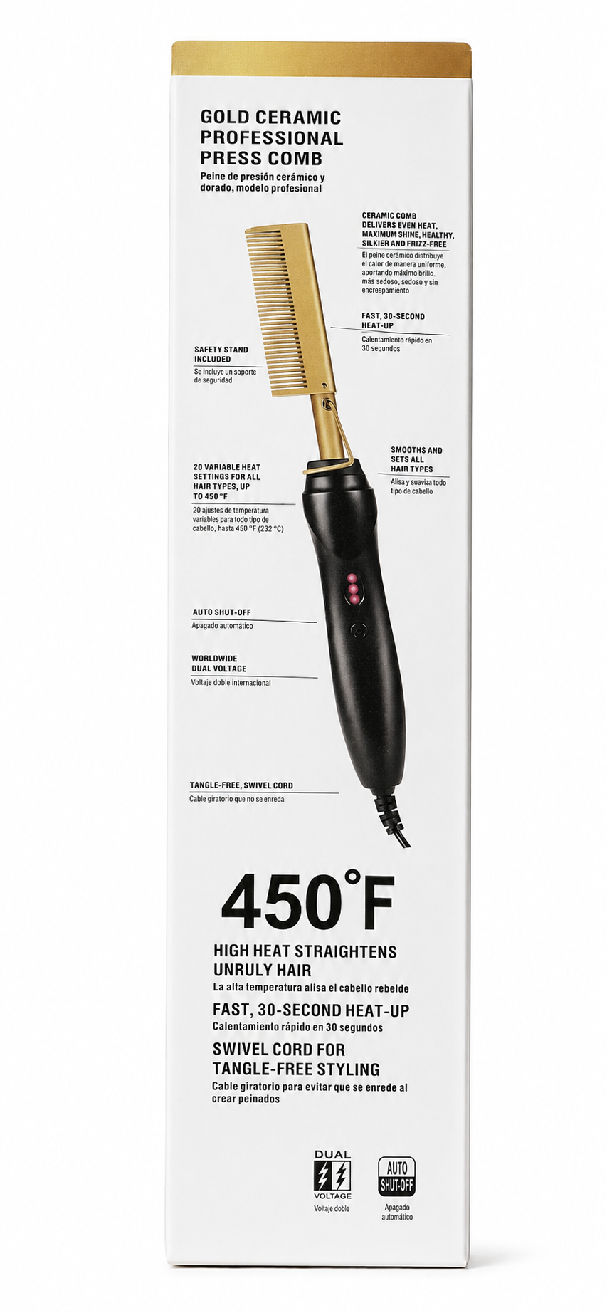 Gold Ceramic Professional Hot Comb Hair Straightener Fast Heat-Up Electric Press Comb