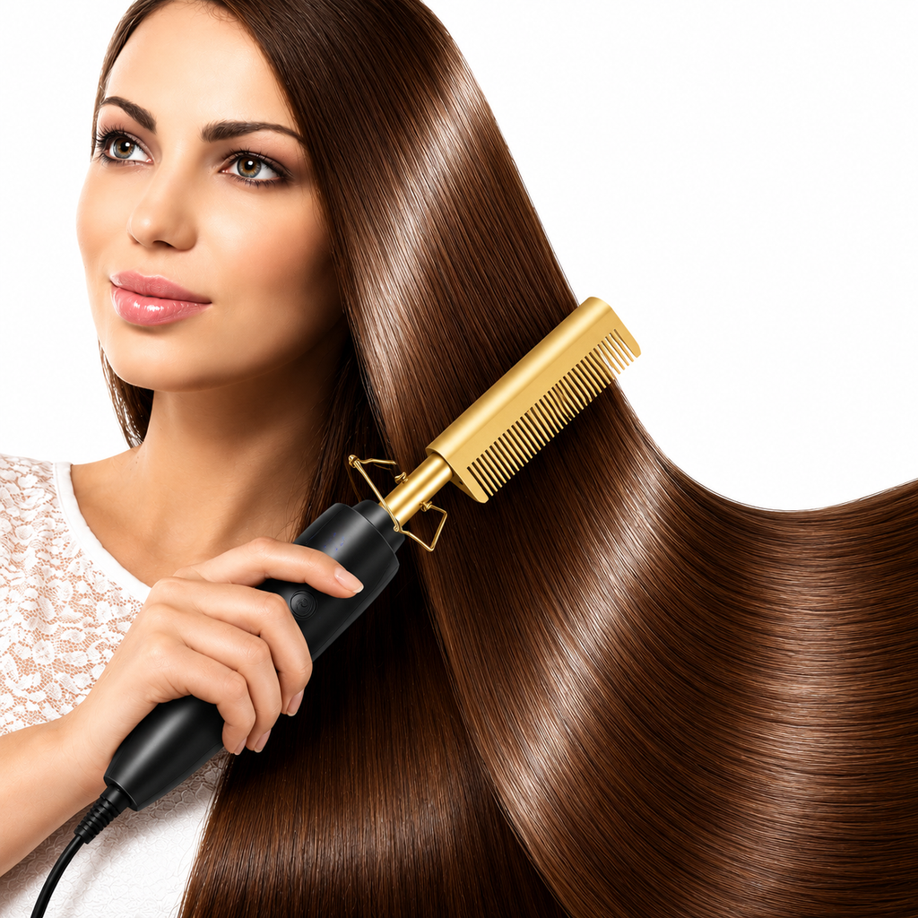 Gold Ceramic Professional Hot Comb Hair Straightener Fast Heat-Up Electric Press Comb