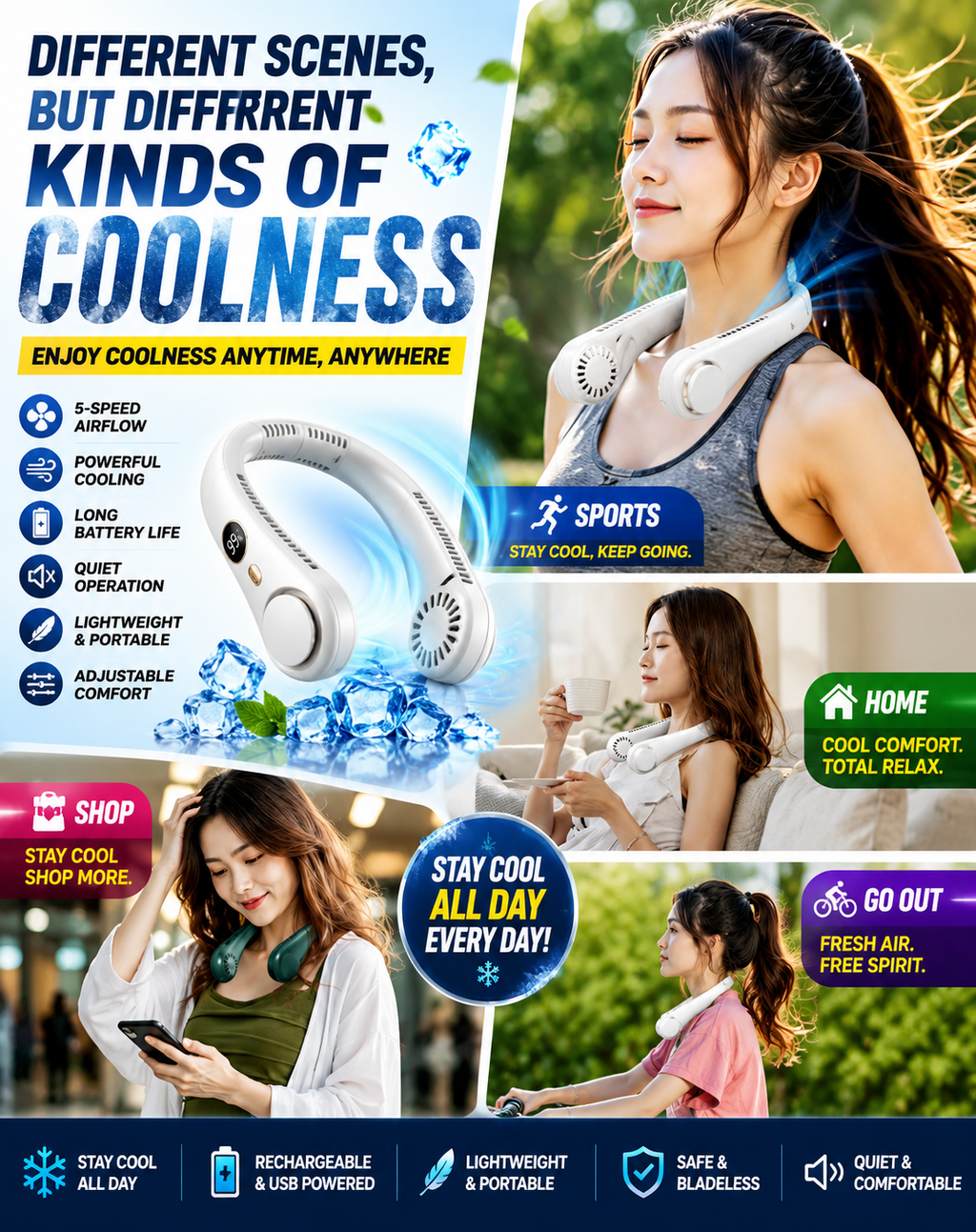 Rechargeable Bladeless Neck Fan 5-Speed Portable Cooling Fan