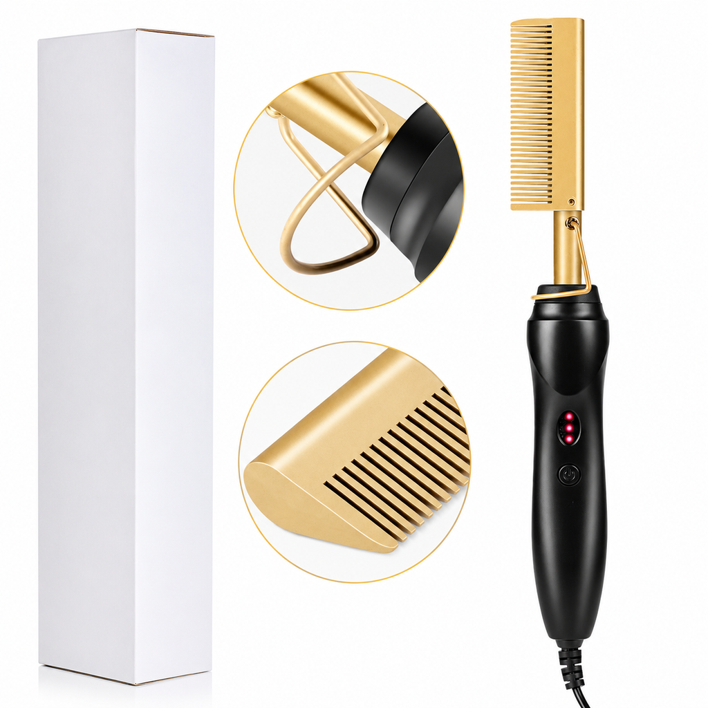 Gold Ceramic Professional Hot Comb Hair Straightener Fast Heat-Up Electric Press Comb