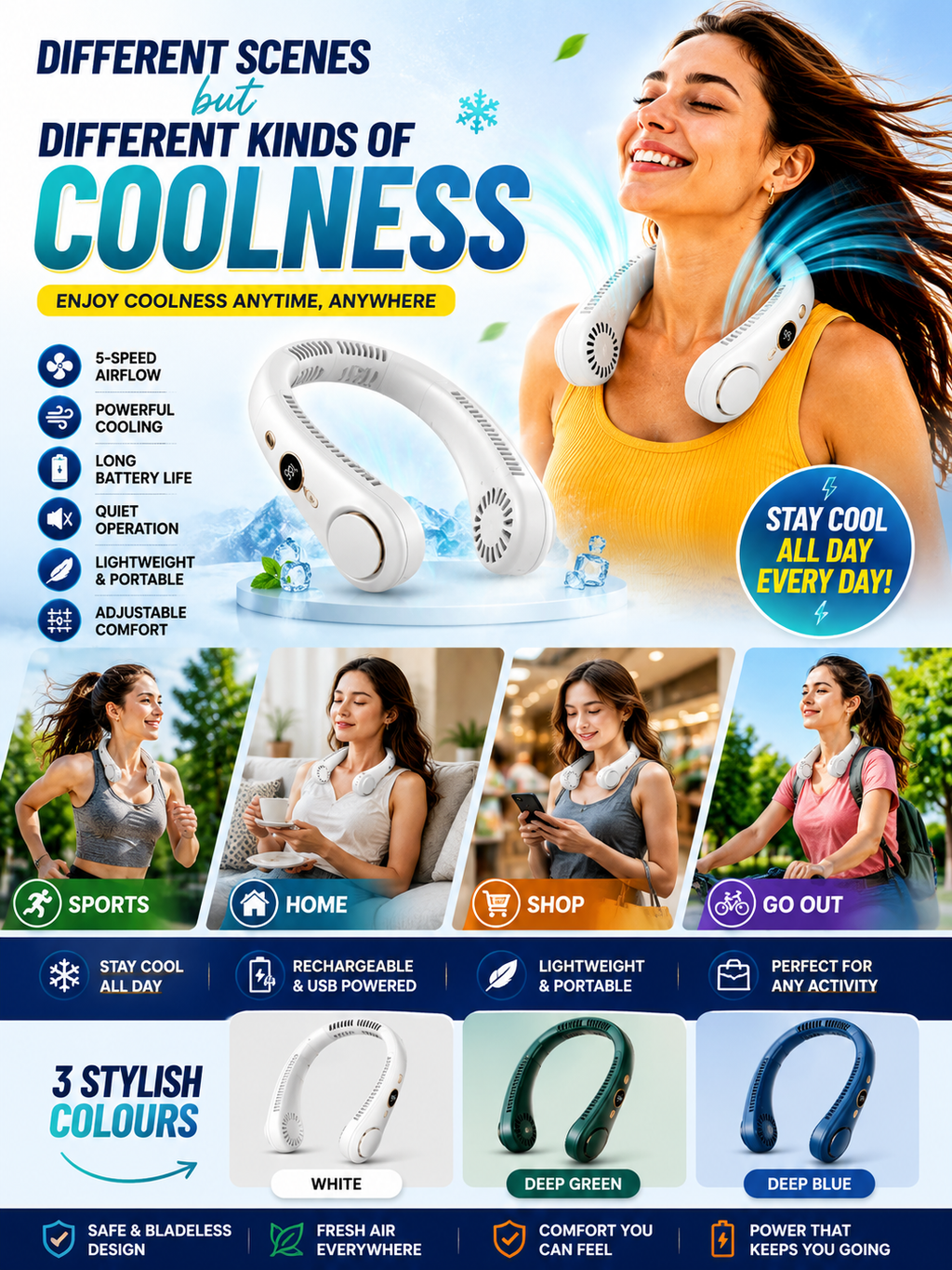 Rechargeable Bladeless Neck Fan 5-Speed Portable Cooling Fan