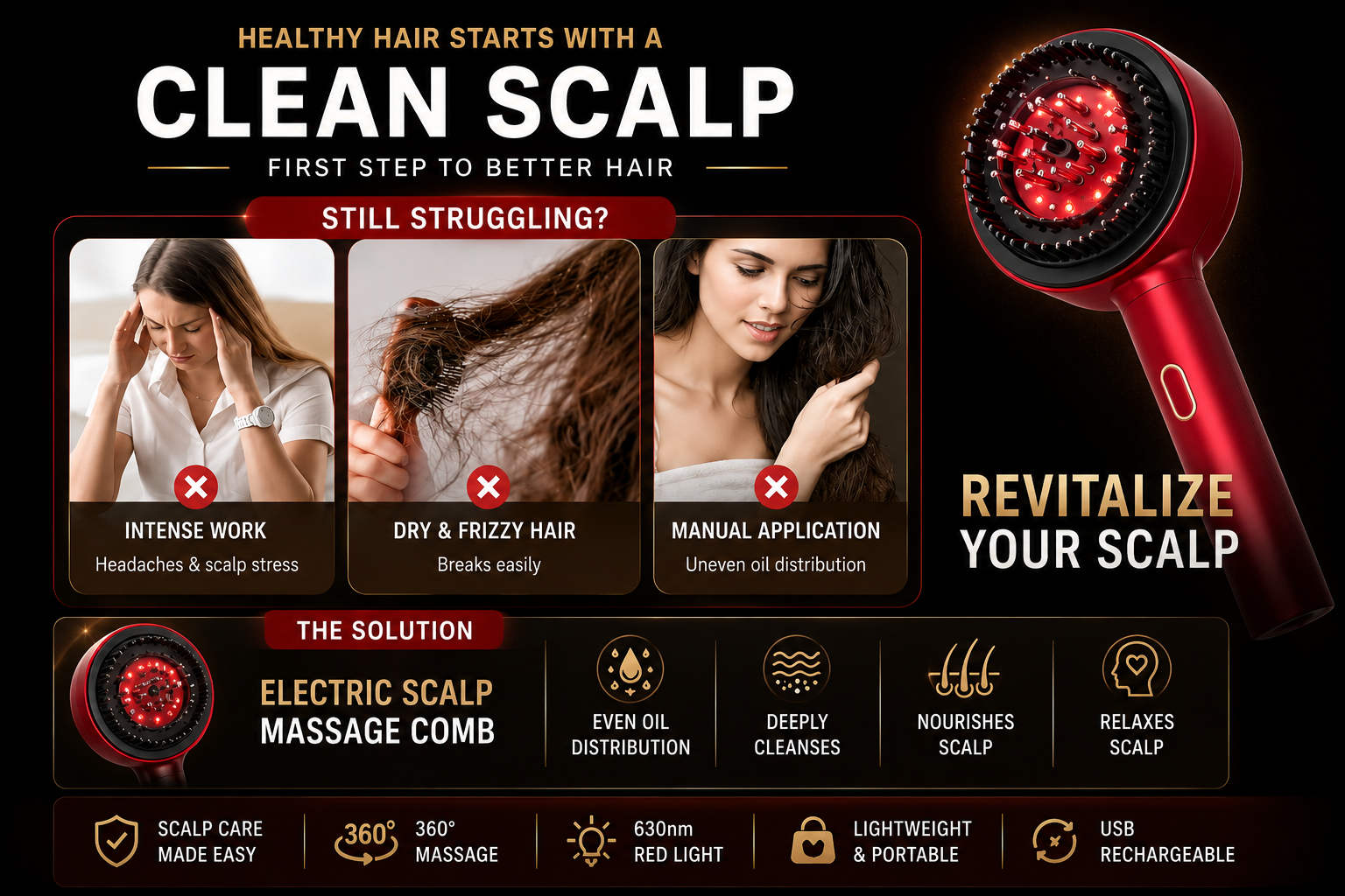 Electric Scalp Massage Comb Hair Growth Red Light Therapy Brush