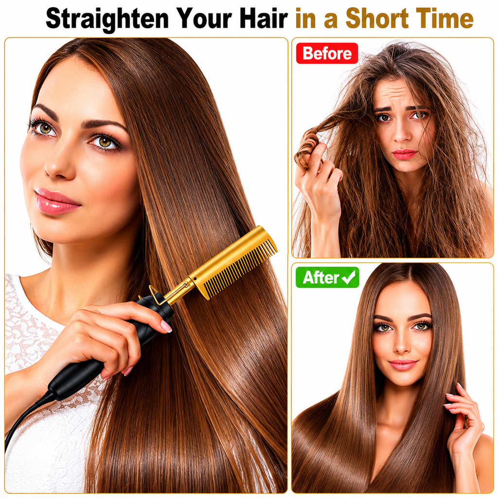Gold Ceramic Professional Hot Comb Hair Straightener Fast Heat-Up Electric Press Comb