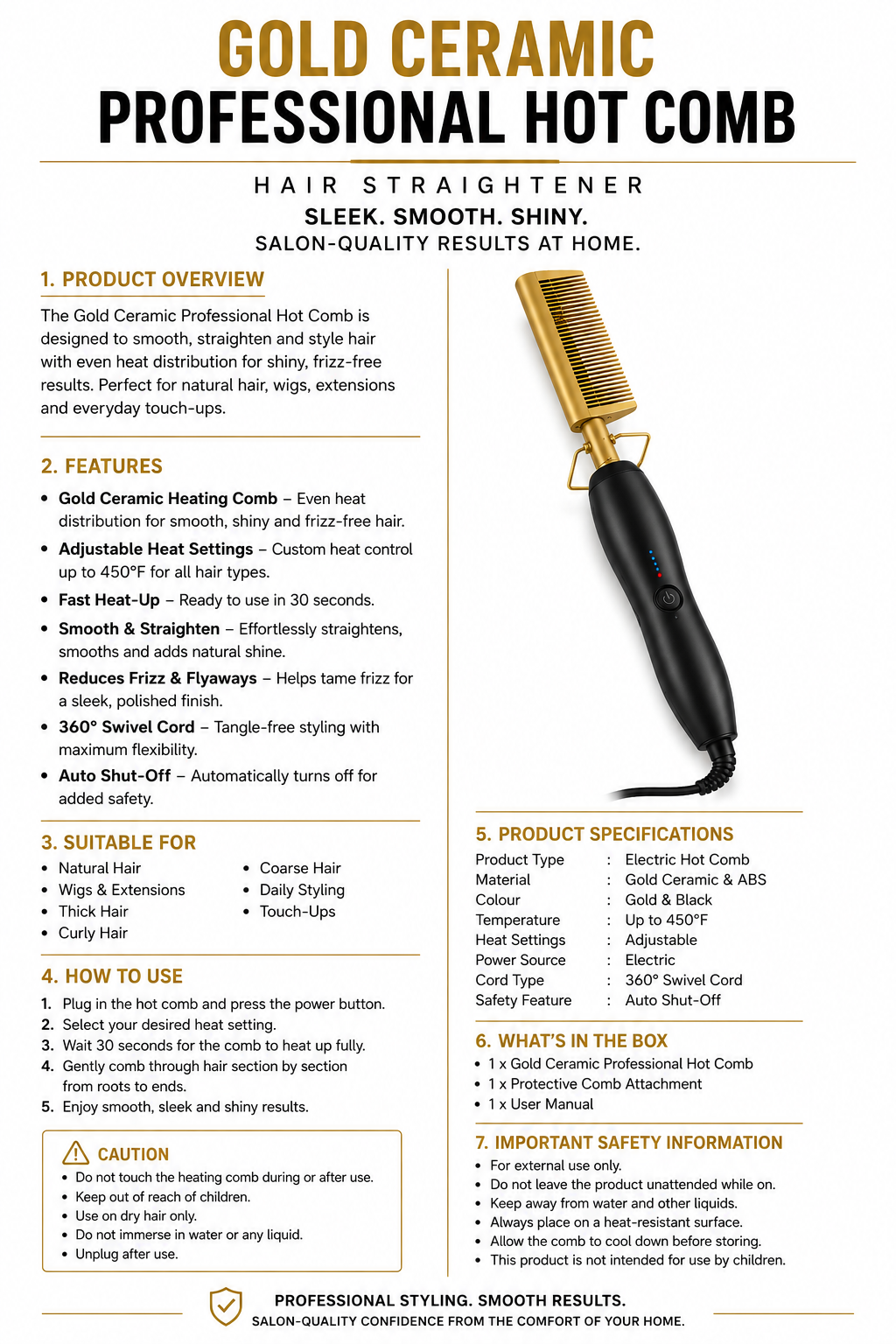 Gold Ceramic Professional Hot Comb Hair Straightener Fast Heat-Up Electric Press Comb