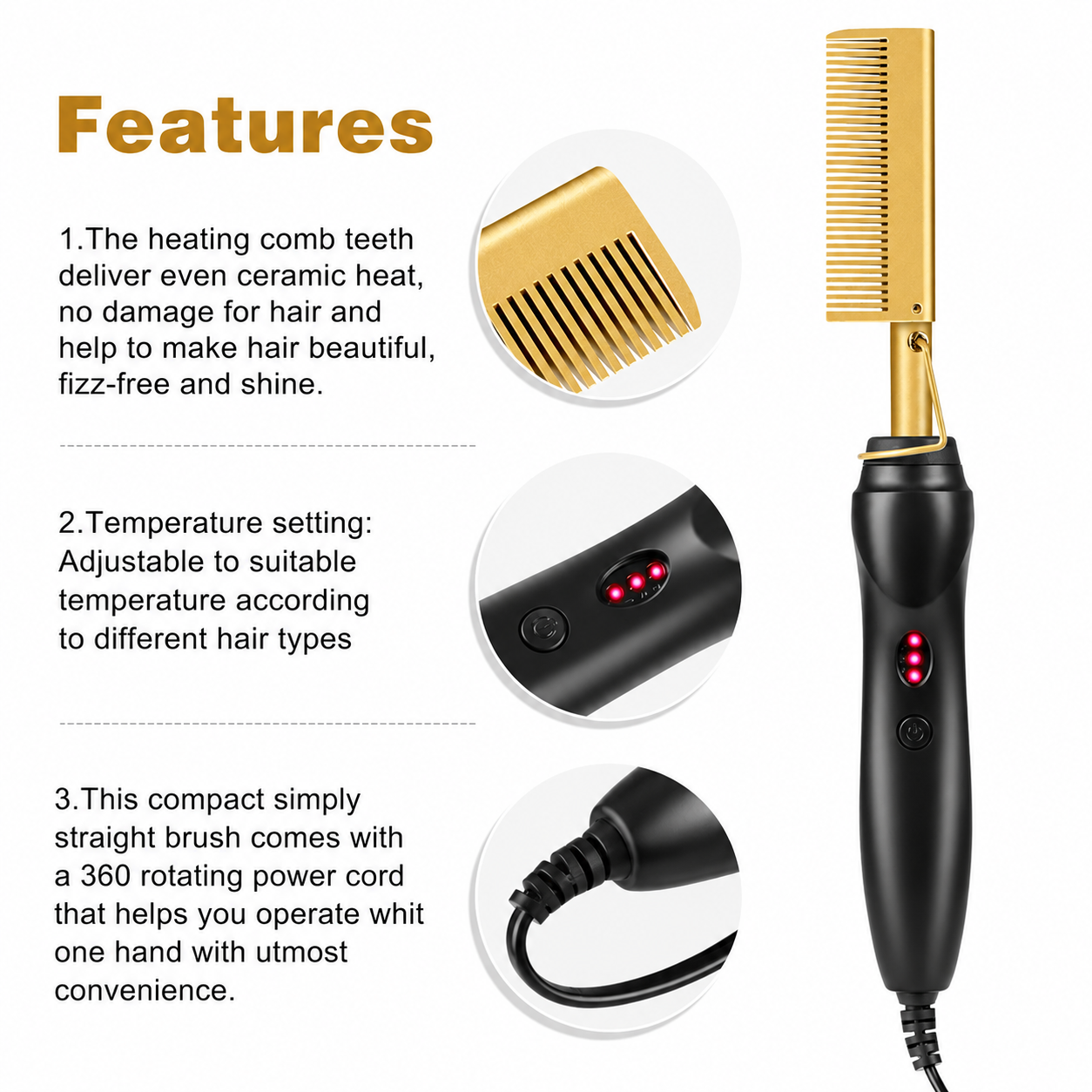 Gold Ceramic Professional Hot Comb Hair Straightener Fast Heat-Up Electric Press Comb