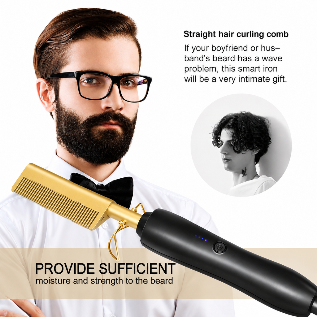 Gold Ceramic Professional Hot Comb Hair Straightener Fast Heat-Up Electric Press Comb