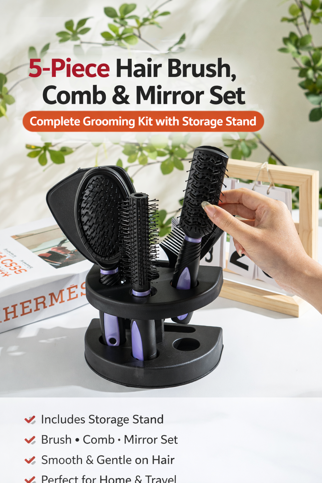 5-Piece Hair Brush Set with Mirror & Storage Stand