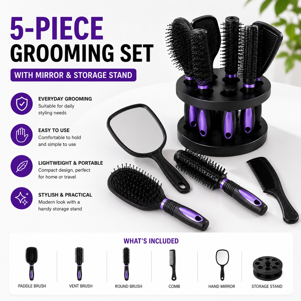 5-Piece Hair Brush Set with Mirror & Storage Stand