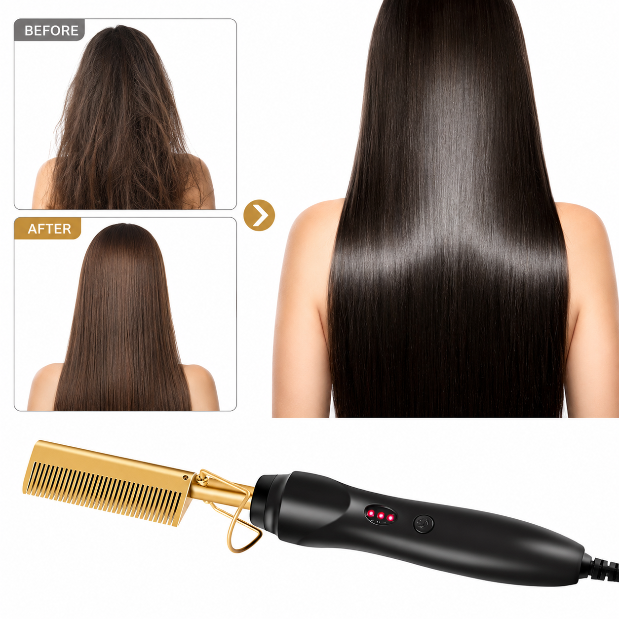 Gold Ceramic Professional Hot Comb Hair Straightener Fast Heat-Up Electric Press Comb